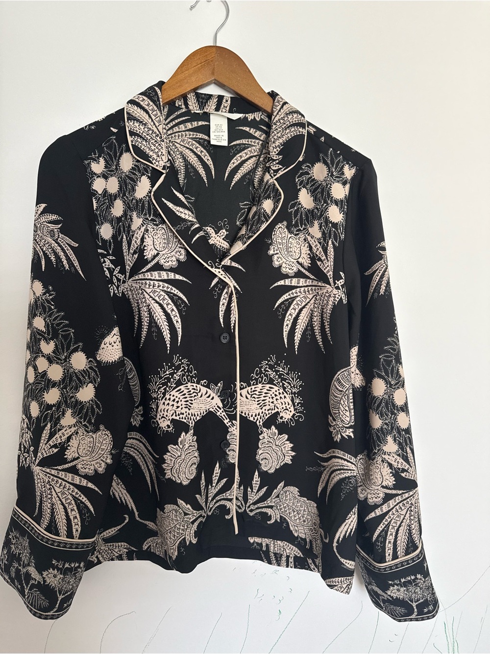 H&M Black Button-Down Shirt with Cream Botanical Print
